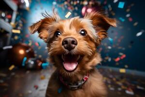 ai généré content mignonne chien cairn terrier jouit et fête une anniversaire entouré par chute confettis. animal de compagnie anniversaire concept sur brillant Contexte. photo