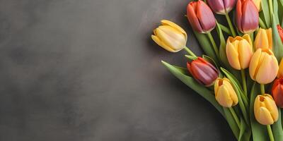 ai généré coloré tulipe fleurs sur foncé béton arrière-plan, printemps plat allonger bannière. la saint valentin, aux femmes, les mères jour, anniversaire ou mariage concept. Haut voir. copie espace. généré ai. photo