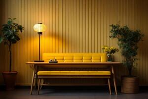 ai généré conception Jaune siège en bois banc, table lampe sur mur moderne maison. photo