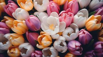 ai généré fermer coloré tulipe fleur champ Haut voir, printemps saison content Pâques photo