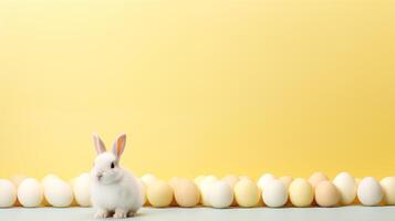 ai généré content Pâques mignonne lapin séance avec coloré Pâques des œufs point modèle pastel Jaune Contexte avec fond photo