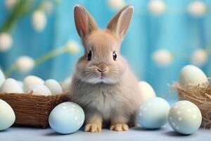 ai généré content Pâques mignonne lapin séance avec le Pâques des œufs et panier sur pastel bleu Contexte. photo