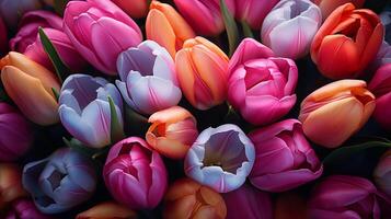 ai généré fermer coloré tulipe fleur champ Haut voir, printemps saison content Pâques photo