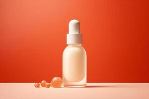 ai généré minimal moquer en haut cosmétique clair verre bouteille blanc liquide produit avec perle, perles sur pastel corail Couleur Contexte pour La publicité fond minimal style. généré ai photo