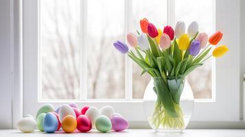 ai généré content Pâques. bouquet de tulipe dans le clair verre vase avec coloré Pâques des œufs près fenêtre photo