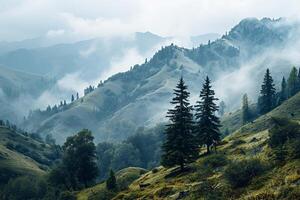 ai généré magnifique vue de été vert collines et une arbre forêt Montagne. la nature et paysage Voyage. photo