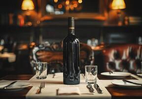 ai généré bouteille de du vin sur en bois table Contexte. du vin magasin photo