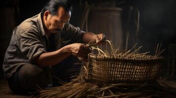 ai généré asiatique homme tissage panier. Manuel la main d'oeuvre et patrimoine artisanat. rustique profession, vieux ancien objet. ai généré photo