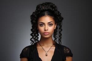 ai généré portrait de une magnifique Jeune femme avec afro coiffure et se maquiller. photo