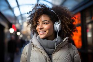 ai généré fermer portrait de magnifique noir afro américain adolescent fille en marchant et écoute à playlist la musique avec écouteurs. floue ville rue dans le Contexte. photo