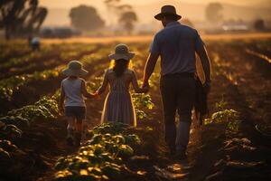 ai généré agriculteur avec le sien enfants, en marchant par le champ à crépuscule. photo