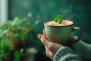 ai généré main en portant une irlandais café tasse sur st. patrick's journée vert bokeh Contexte photo