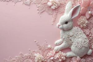 ai généré Pâques lapin orné avec dentelle et perles sur pâle rose Contexte photo