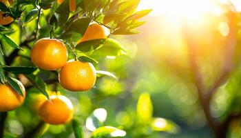 ai généré agrumes branches avec biologique mûr Frais des oranges mandarines croissance sur branches avec vert laisser Contexte photo
