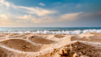 ai généré proche en haut le sable avec flou mer ciel arrière-plan, été jour, copie espace ou pour produit. été photo