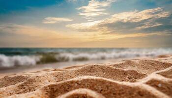 ai généré proche en haut le sable avec flou mer ciel arrière-plan, été jour, copie espace ou pour produit. été photo