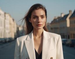 ai généré portrait de une Jeune femme dans un Urbain environnement. photo