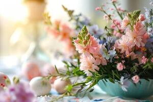 ai généré Pâques des œufs et fleurs. floral composition entouré par Pâques décor. génératif ai photo