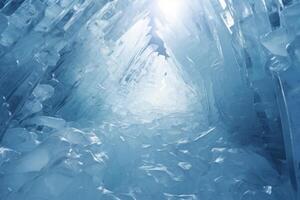 ai généré bleu cristal la glace la grotte entrée et un souterrain rivière sous le glacier. génératif ai photo