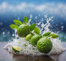 ai généré Frais citron vert avec l'eau éclaboussure sur en bois table avec bleu ciel Contexte. photo