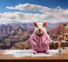 ai généré mignonne porc séance sur en bois table et à la recherche à le grandiose canyon photo