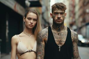 ai généré tatoué homme et femme sur une ville rue dans le après midi photo