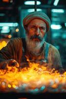 ai généré une homme est une souffleur de verre travail dans une verre usine où des produits sont établi manuellement photo