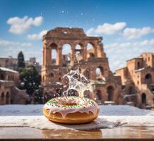 ai généré Donut avec arrose en volant plus de le ruines de romain forum dans Rome, Italie photo