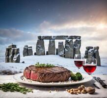 ai généré grillé du boeuf steak avec rouge du vin et stonehenge dans Contexte photo