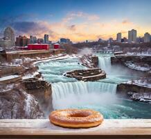 ai généré Donut sur le Contexte de niagara chutes, Etats-Unis. hiver paysage. photo