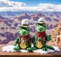 ai généré couple de crocodile mascotte séance sur le neige dans canyonlands nationale parc, Utah, Etats-Unis photo