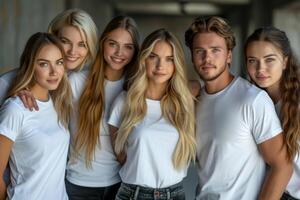 ai généré portrait de confiant gens dans toute la longueur blanc t-shirts permanent suivant à chaque autre dans le pièce photo