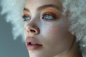 ai généré portrait de un albinos africain fille avec blanc cheveux fermer photo