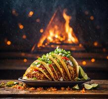 ai généré traditionnel mexicain tacos avec Viande, fromage et des légumes sur en bois Contexte photo