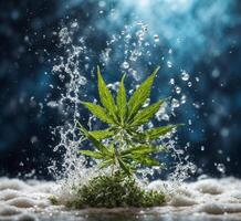 ai généré cannabis feuilles avec l'eau gouttes sur une foncé bleu Contexte. photo