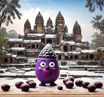 ai généré violet mascotte dans le forme de un Oeuf avec une chapeau sur le sien tête des stands sur une en bois table contre le Contexte de le temple complexe de angkor wat dans Cambodge photo