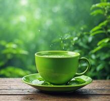 ai généré vert tasse de chaud thé sur en bois table avec vert feuilles Contexte. photo