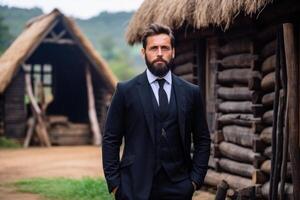 ai généré portrait de une européen homme avec une barbe dans une formel costume contre le Contexte de un africain village photo