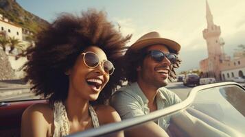 ai généré une de bonne humeur Afro-américain couple dans des lunettes sur une convertible voyages le monde photo