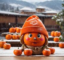 ai généré marrant kaki mascotte dans une chapeau et persimon dans le neige photo