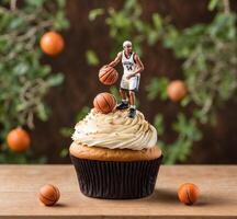 ai généré miniature basketball joueur sur petit gâteau avec fouetté crème et Orange Contexte photo