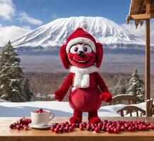 ai généré mignonne canneberge mascotte personnage avec rouge baies sur le Contexte de monter Fuji photo