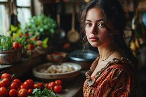 ai généré une femme au foyer femme prépare une salade de Frais des légumes photo