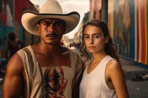 ai généré portrait de une homme et une femme patriotes de leur pays contre le Contexte de une ville rue photo