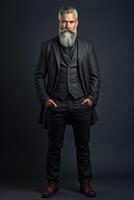 ai généré portrait de une sérieux, sur de soi âge moyen homme d'affaire avec une barbe dans une costume sur une noir Contexte photo