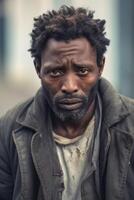 ai généré portrait de une sérieux homme de le africain course sur le rue photo