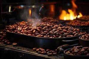 ai généré rôti café des haricots fermer dans vaisselle . colombien café photo