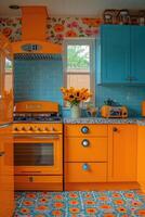 ai généré coloré intérieur de une moderne cuisine. riches intérieur couleurs photo