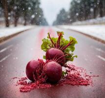 ai généré fraîchement récolté racines de betterave sur une pays route couvert avec neige. photo