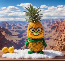 ai généré marrant ananas personnage avec lunettes sur le Contexte de grandiose canyon photo